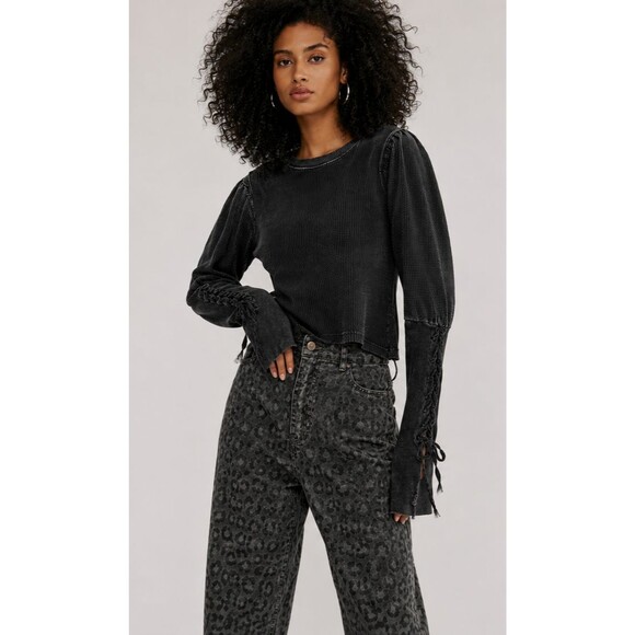 Free People Tops - Free People FP One Tasha Lace Up Sleeves Thermal Black XL Shirt, boho grunge